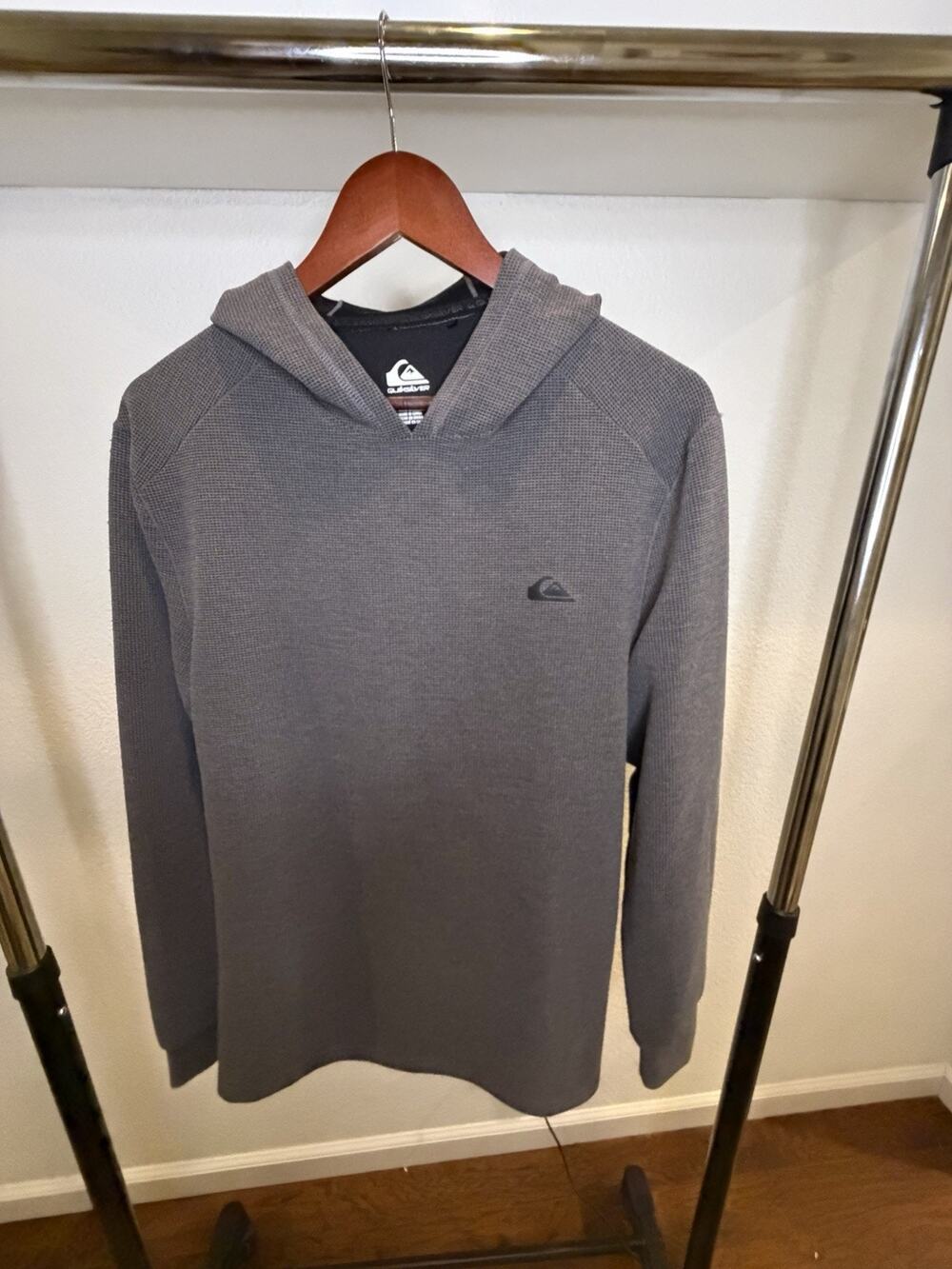 Quiksilver Mens M Gray Waffle Knit Thermal Pullover Hoodie Regular Fit